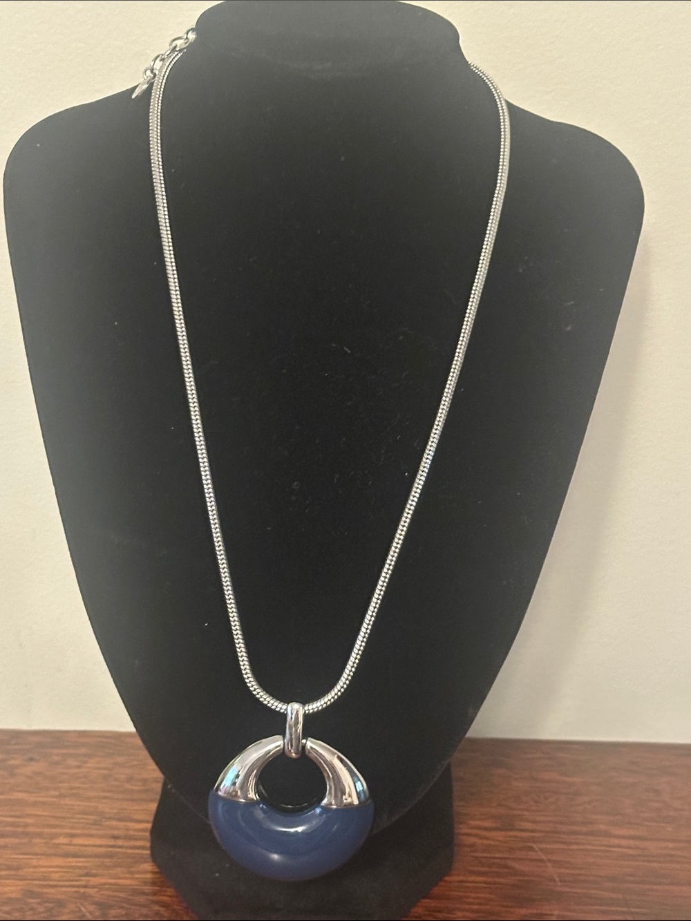 Talbots Silver-Tone Necklace with Deep Blue Crescent Pendant
